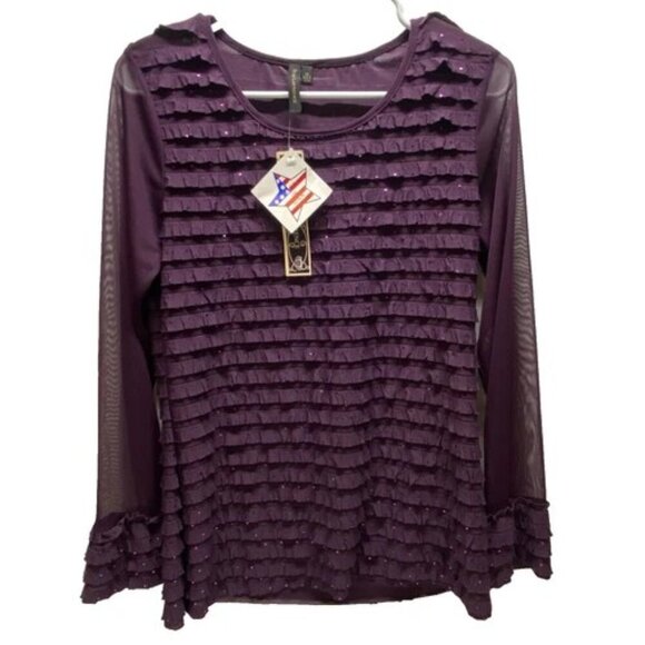 Susan Lawrence Tops - Susan Lawrence Ruffle Blouse Women's Medium Purple Sheer Long Sleeves NWT
